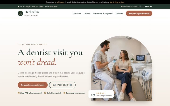 Business example: Harborline Family Dental homepage
