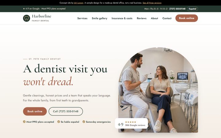 Homepage of Harborline Family Dental, a concept dentist site in evergreen and brass