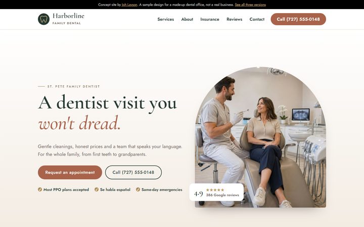 Starter example: Harborline Family Dental homepage