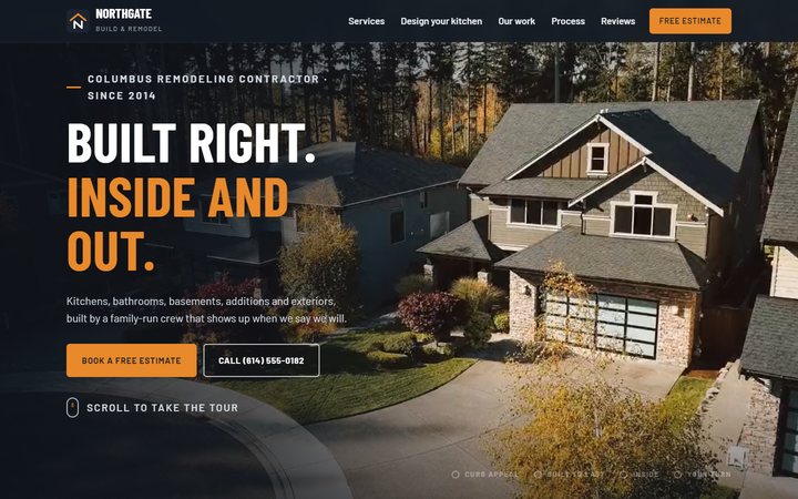 Homepage of Northgate Build and Remodel, a concept contractor site with drone footage of a house