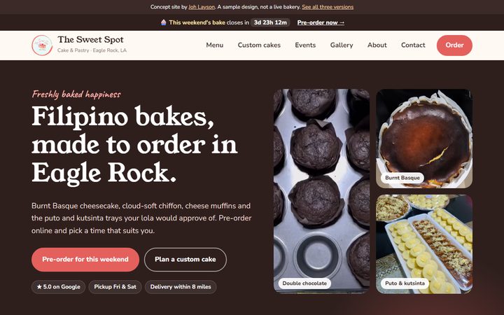Homepage of The Sweet Spot, a Filipino bakery concept site