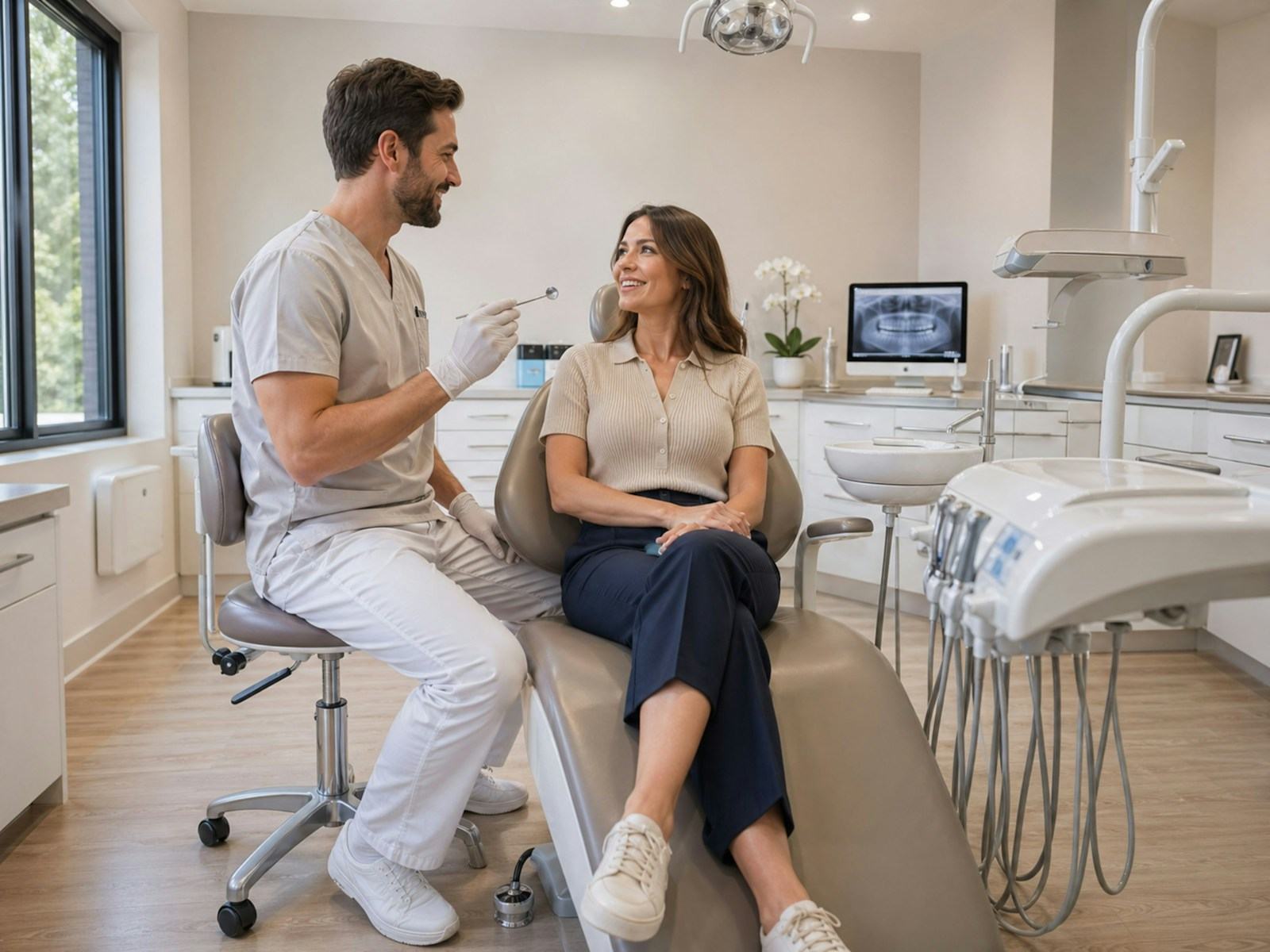 Dentist chatting with a relaxed patient in a bright treatment room